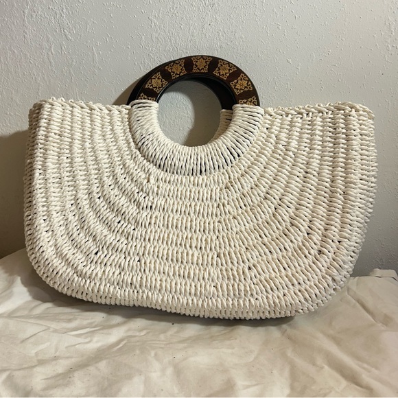 Coldwater Creek Handbags - Coldwater Creek White Woven Tote with Wooden Handle